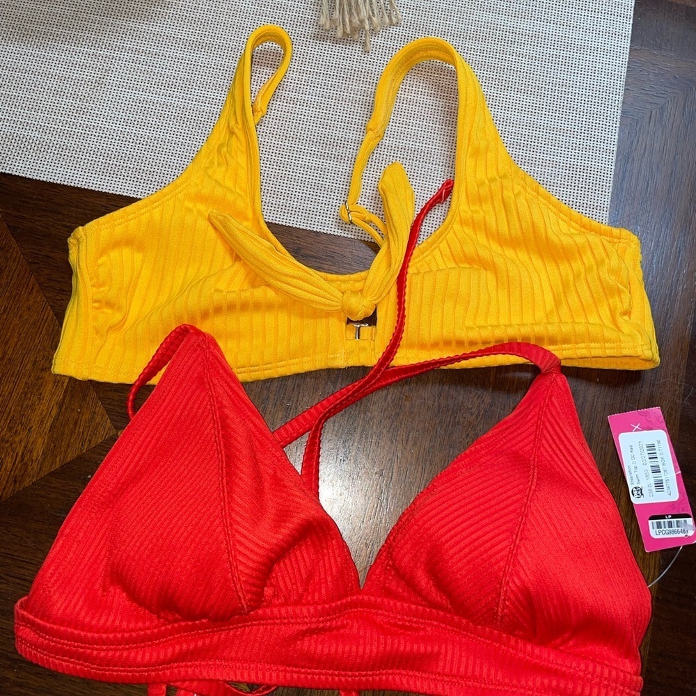 Ribbed Bikini Top Lot Small Red Yellow Strappy Swimwear Adjustable New